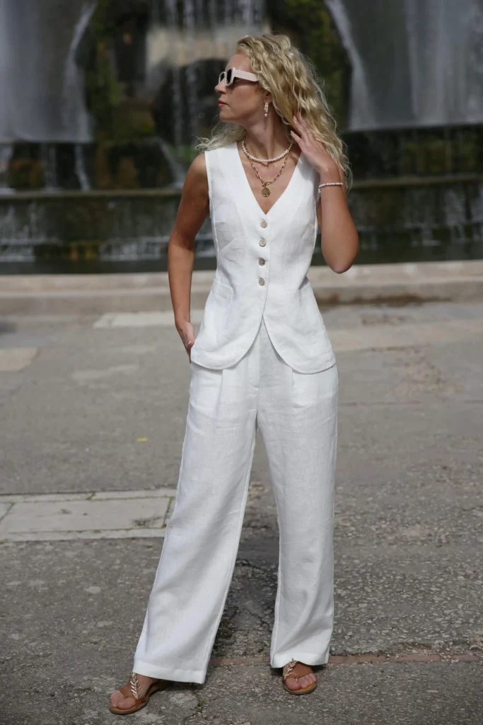 White linen vest and pants outfit