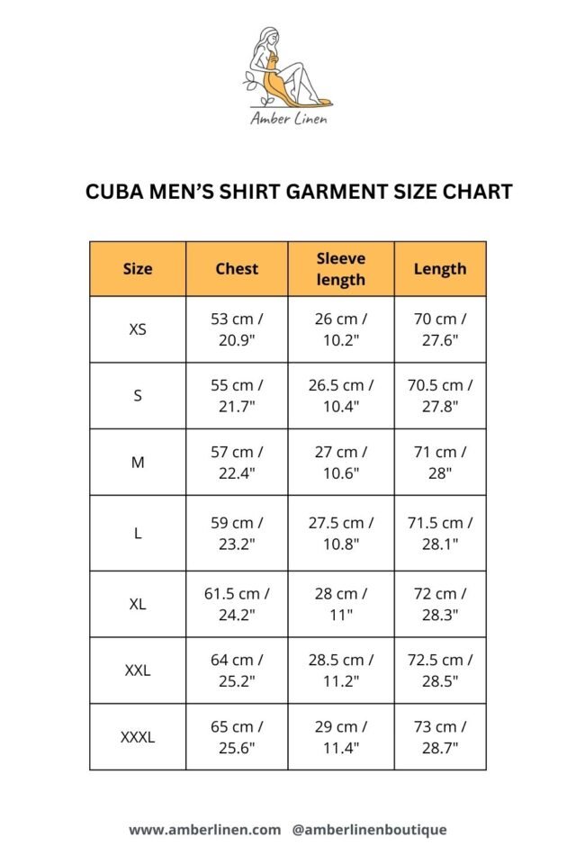 CUBA men's shirt garment size chart