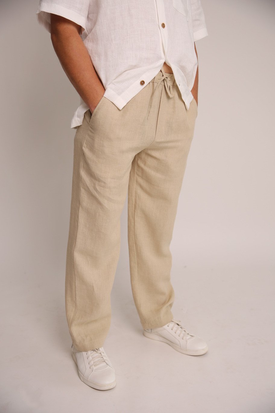 Men linen pants FLORIDA - with elastic waist drawstring - Amber linen