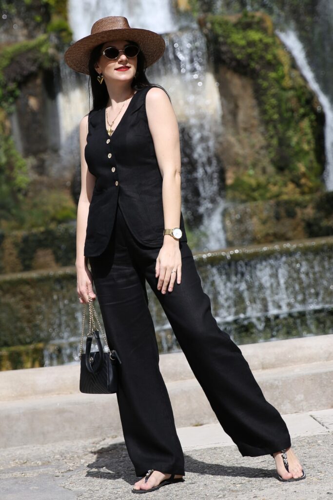 Linen V-neck Vest and Long Pants Suit