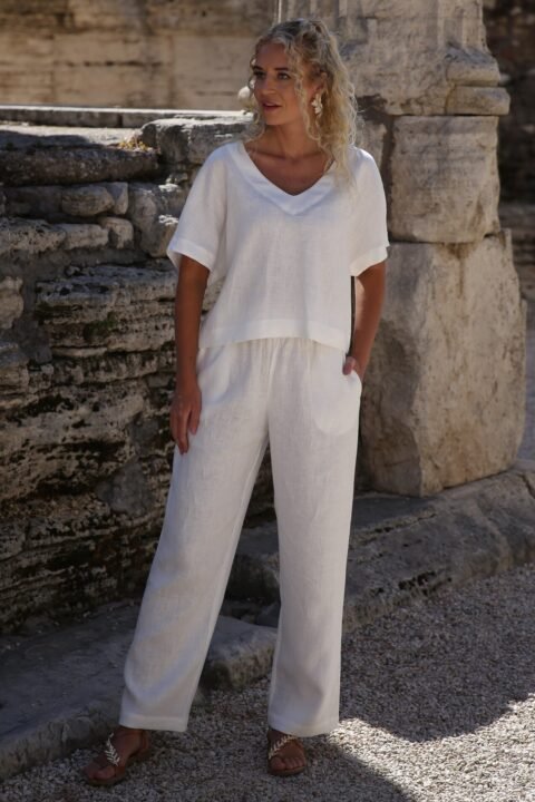 crema linen top and pants suit