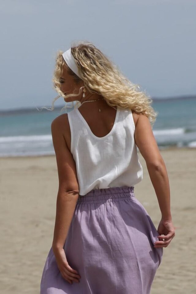 White headband and white linen tank top