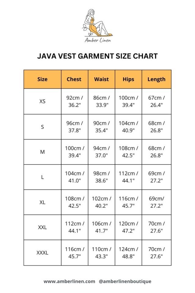 JAVA vest garment size chart