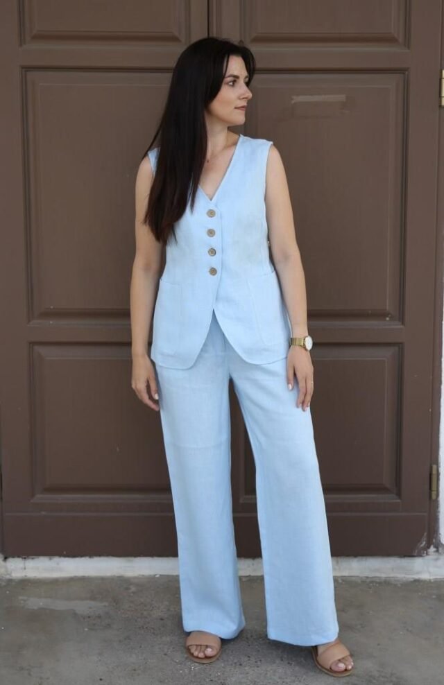 Sky blue linen vest and pants set