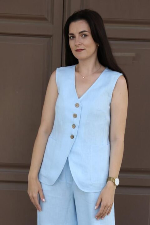 Sky blue linen vest for women