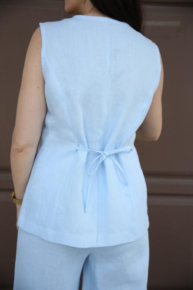 Sky blue linen vest with ties at the back