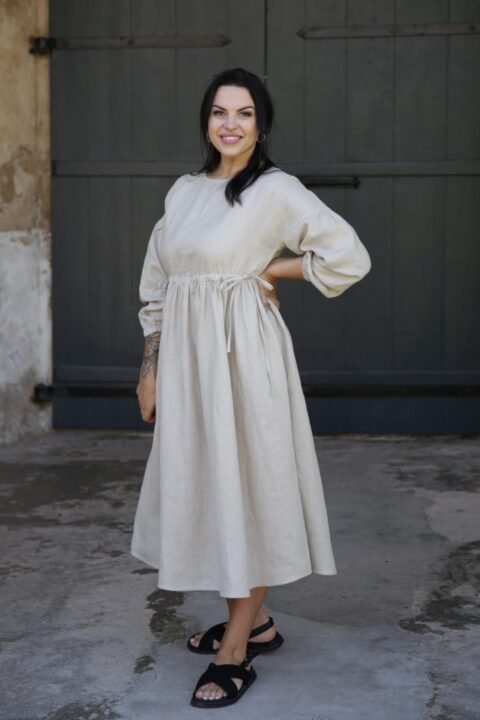 Long sleeve linen dress with adjustable waist