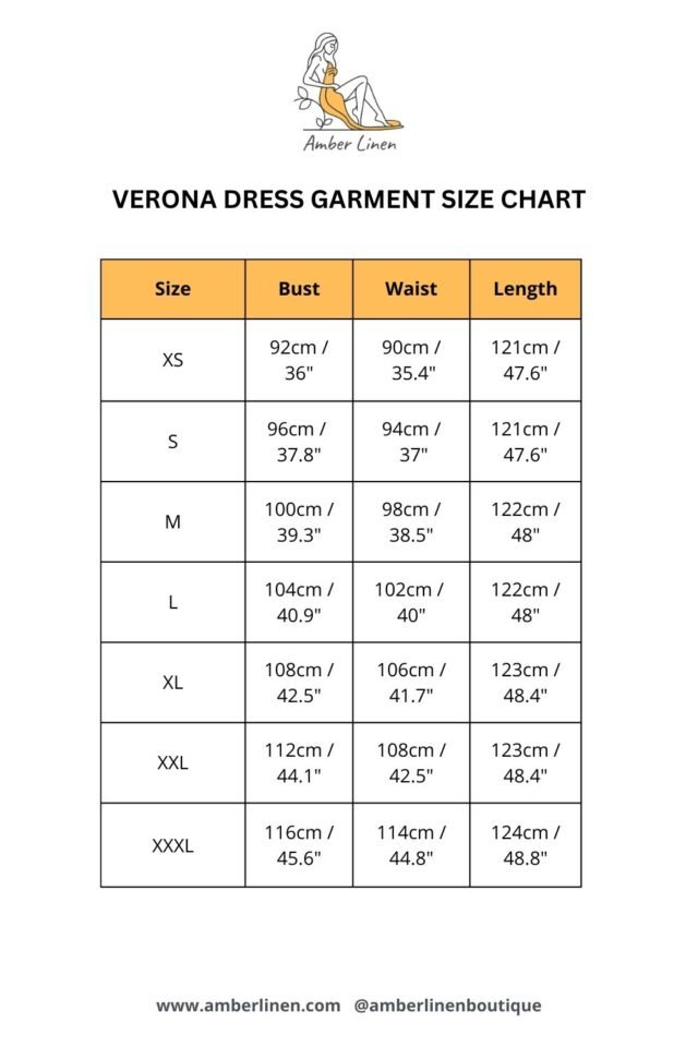 VERONA dress garment size chart