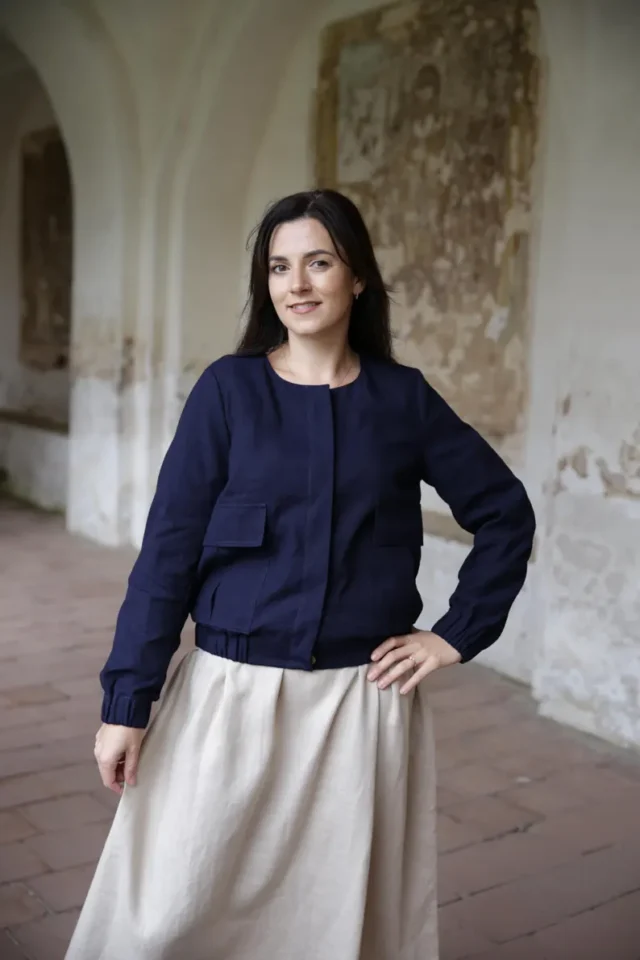 navy blue linen bomber jacket