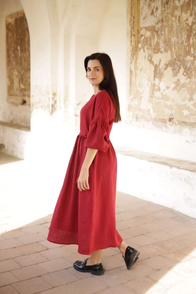 VERONA red long linen dress all season