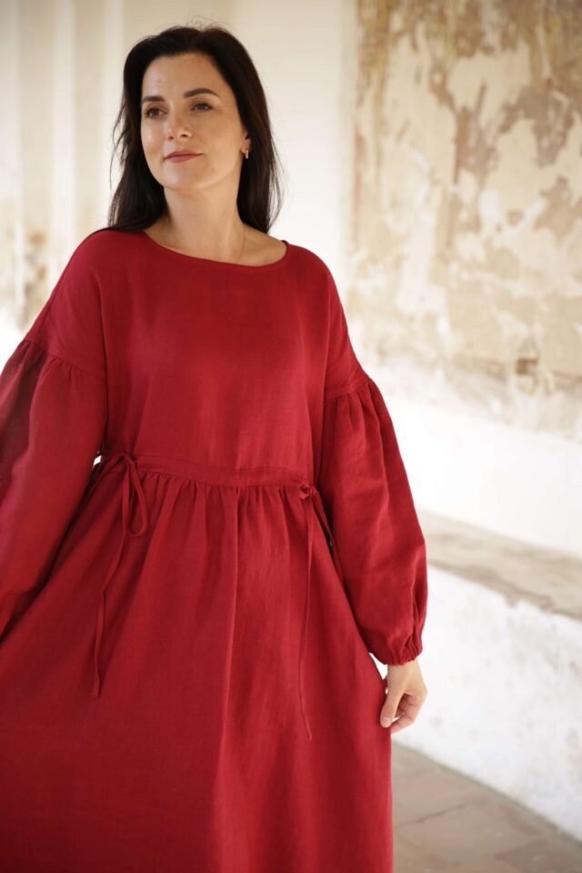 VERONA red long sleeve linen dress