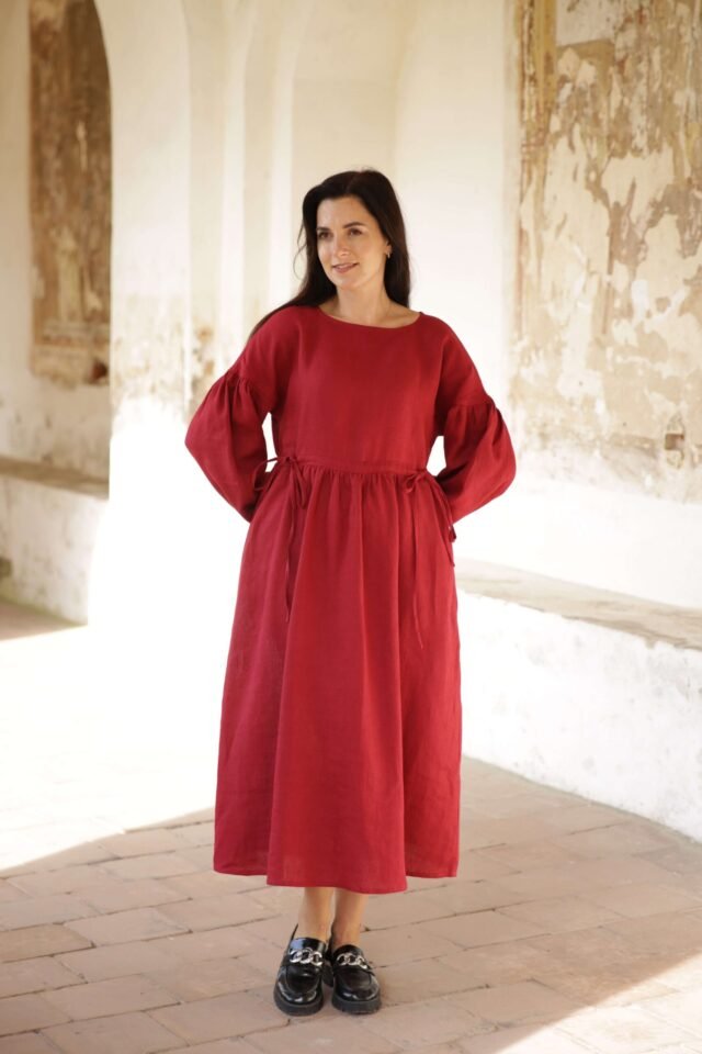 Verona long linen dress in red