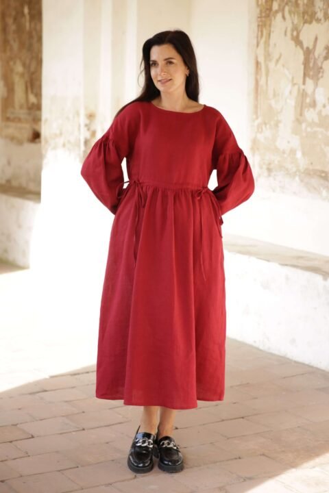 Verona long linen dress in red