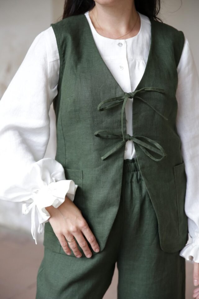 green linen vest with ties