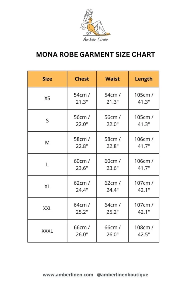 Mona unisex linen robe size chart