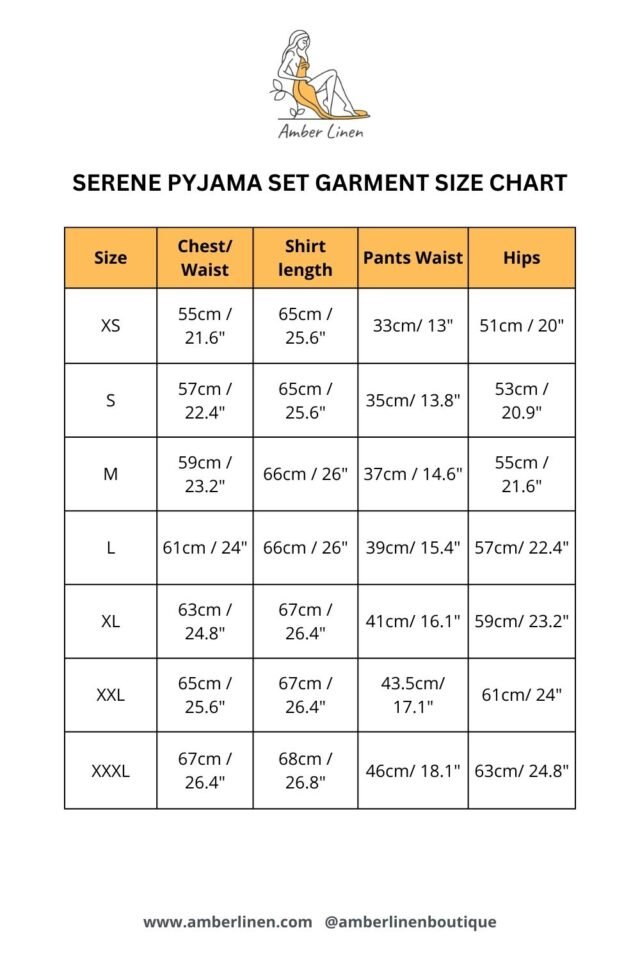 SERENE pyjama set with shorts garment size chart