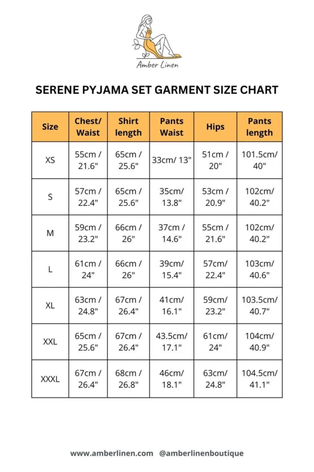 Serene pyjama set with pants garment size chart