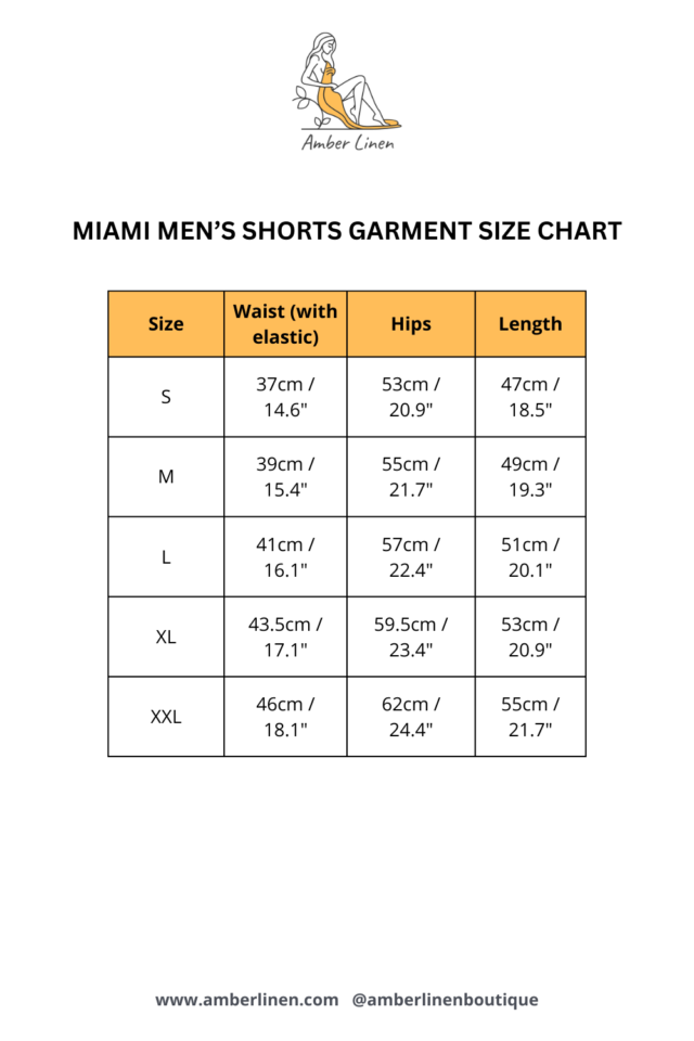 MIAMI men's shorts garment size chart