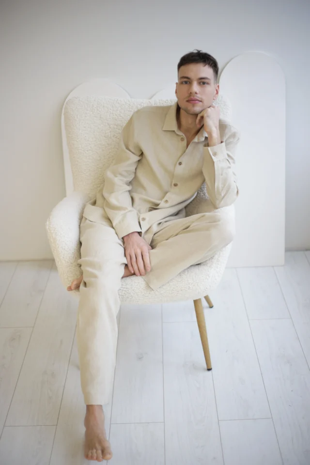 beige linen shirt outfit for men