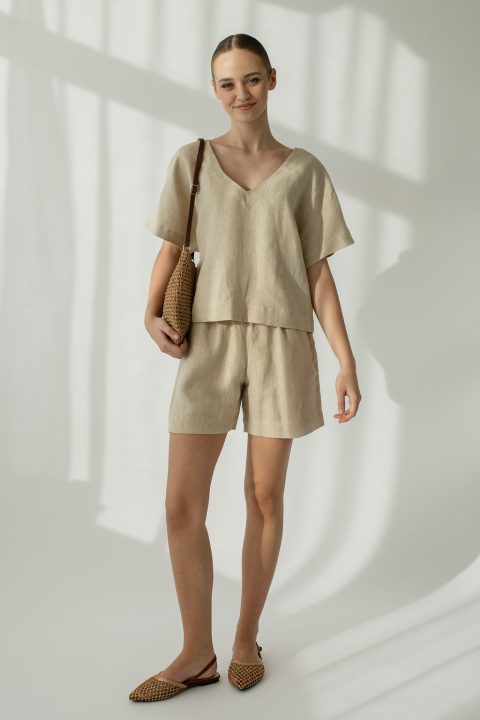beige linen two piece shorts set