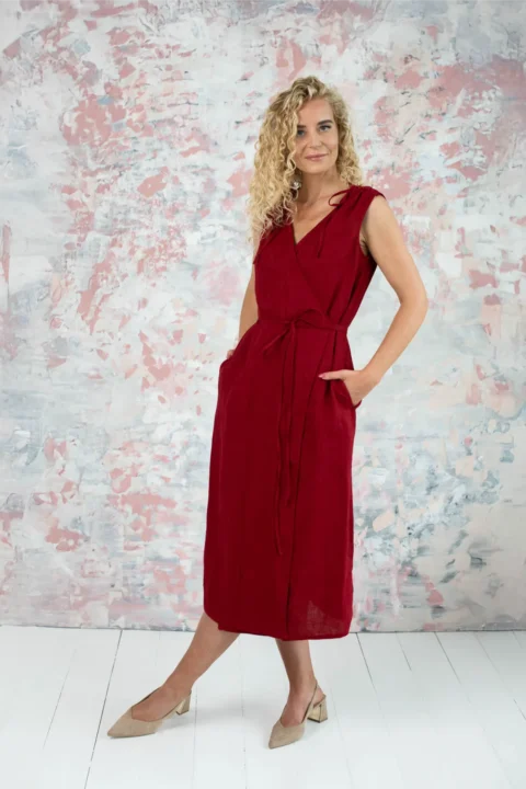 DUBAI-linen-sleeveless-wrap-dress-in-red-10