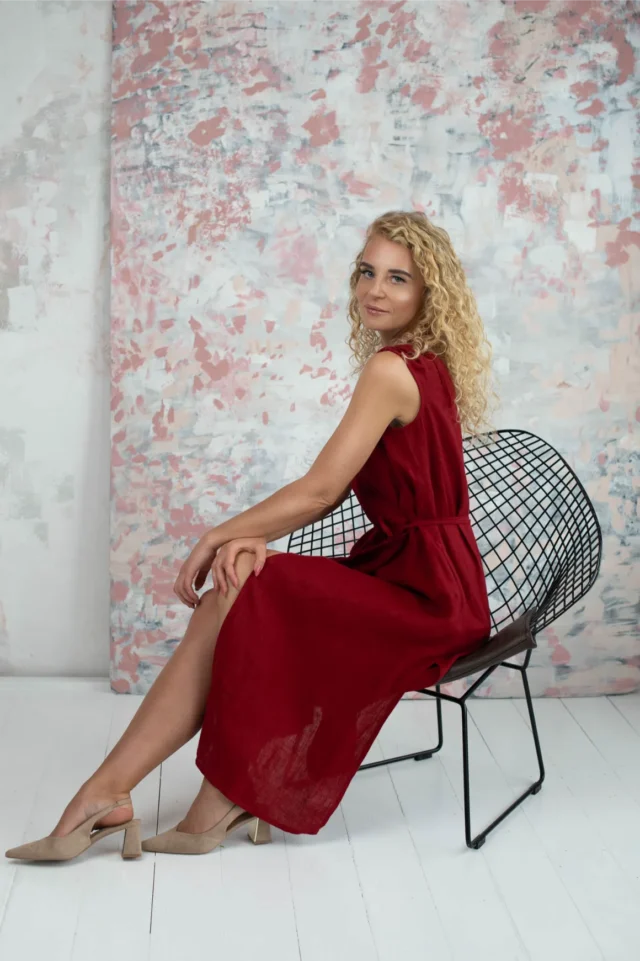 DUBAI-linen-sleeveless-wrap-dress-in-red-11