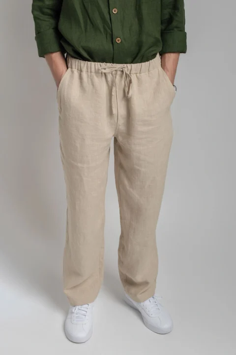 HAVANA-linen-shirt-for-men-in-forest-green-and-FLORIDA-linen-pants-in-sand-1
