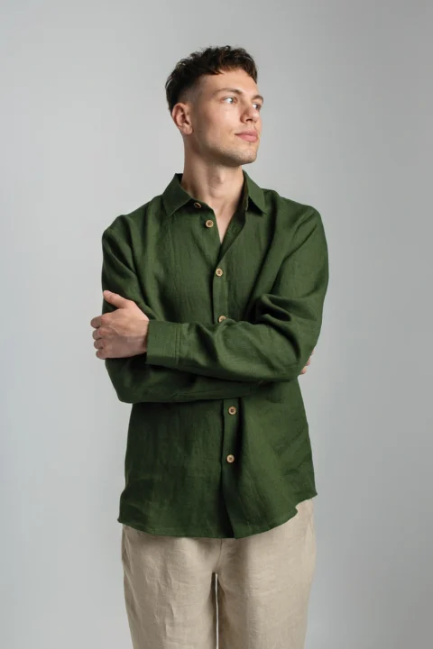 HAVANA-linen-shirt-for-men-in-forest-green-and-FLORIDA-linen-pants-in-sand-9