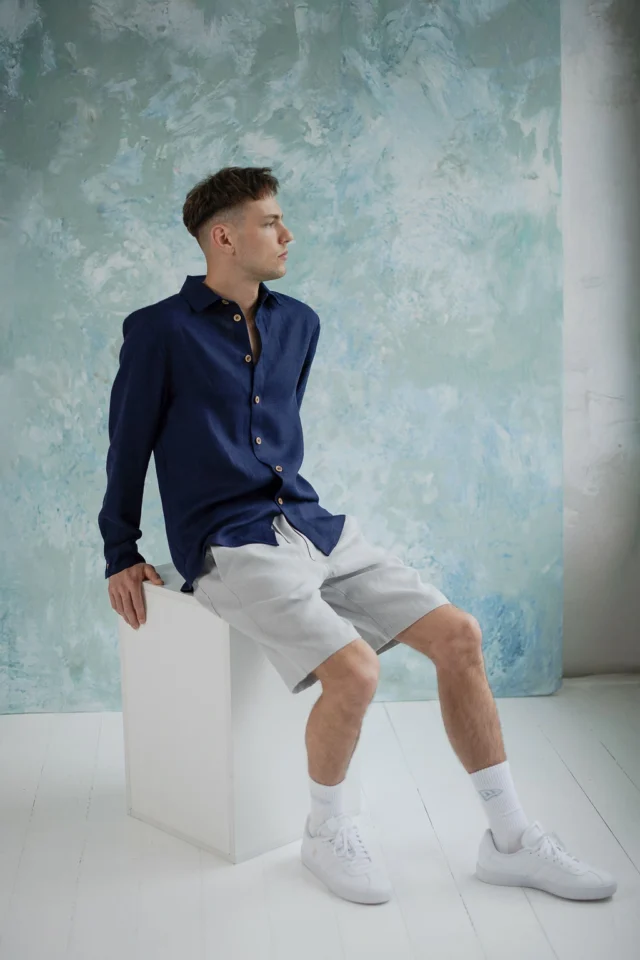 HAVANA-linen-shirt-for-men-in-navy-blue-and-MIAMI-linen-shorts-in-grey12