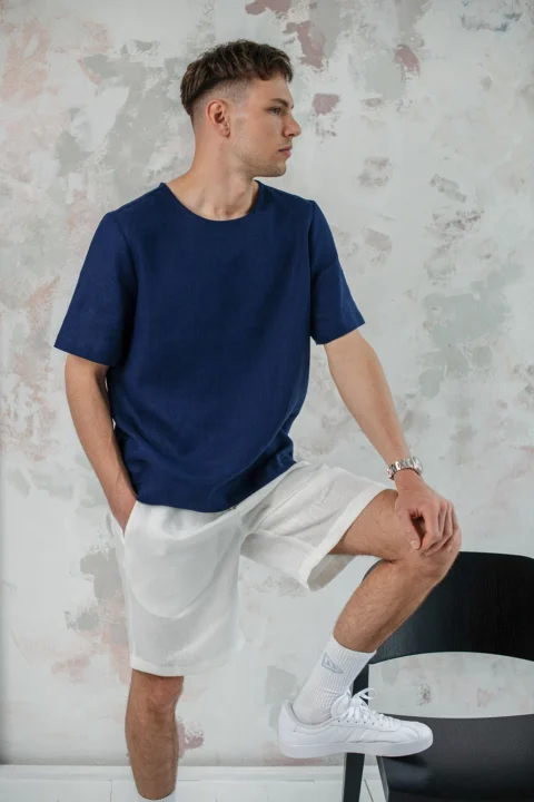 MIAMI-shorts-for-men-in-white-and-navy-blue-linen-tshirt-PANAMA-5
