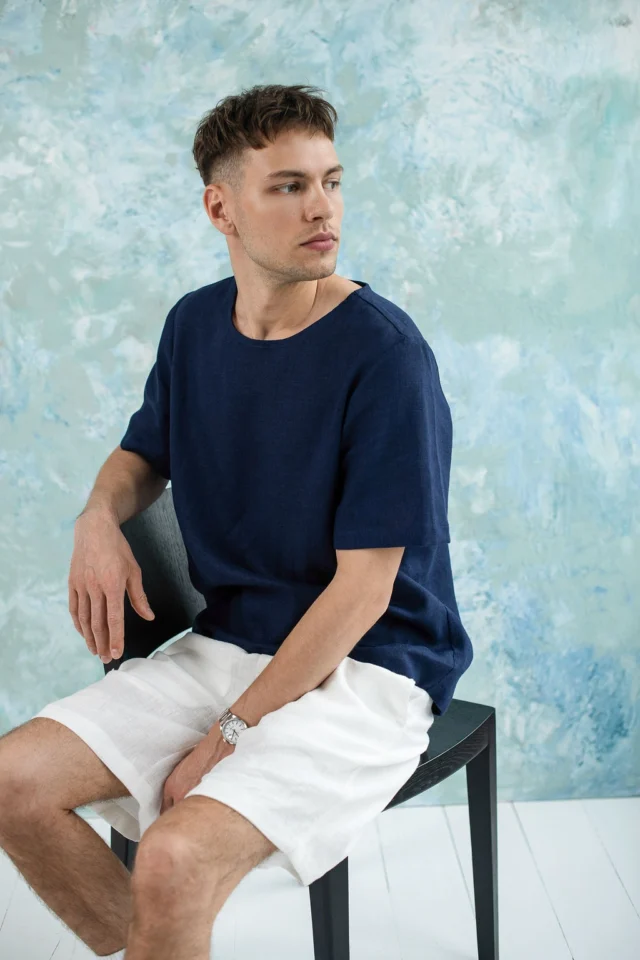 MIAMI-shorts-for-men-in-white-and-navy-blue-linen-tshirt-PANAMA-7