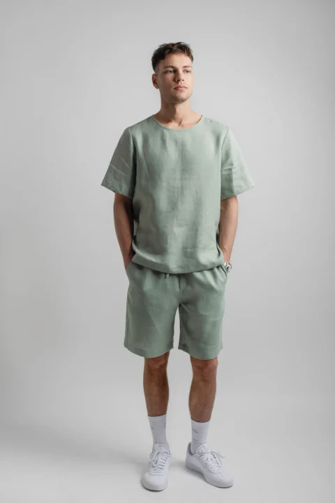 PANAMA-linen-tshirt-and-MIAMI-linen-shorts-for-men-in-sage-green-1