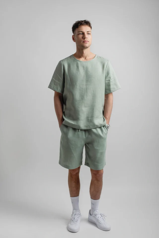 PANAMA-linen-tshirt-and-MIAMI-linen-shorts-for-men-in-sage-green-1