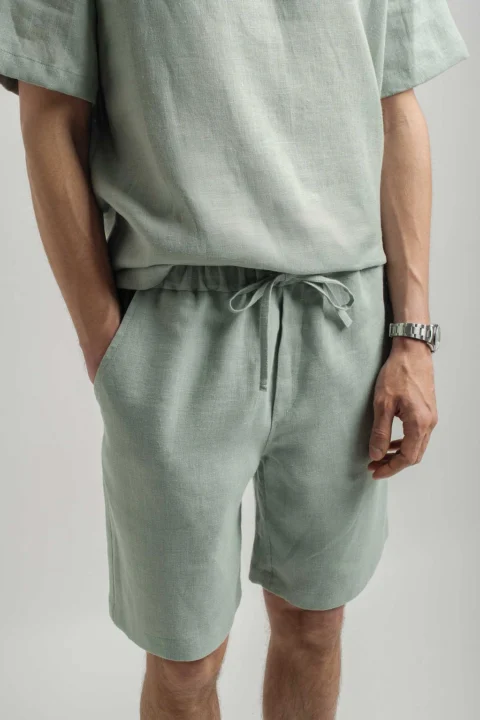 PANAMA-linen-tshirt-and-MIAMI-linen-shorts-for-men-in-sage-green-2