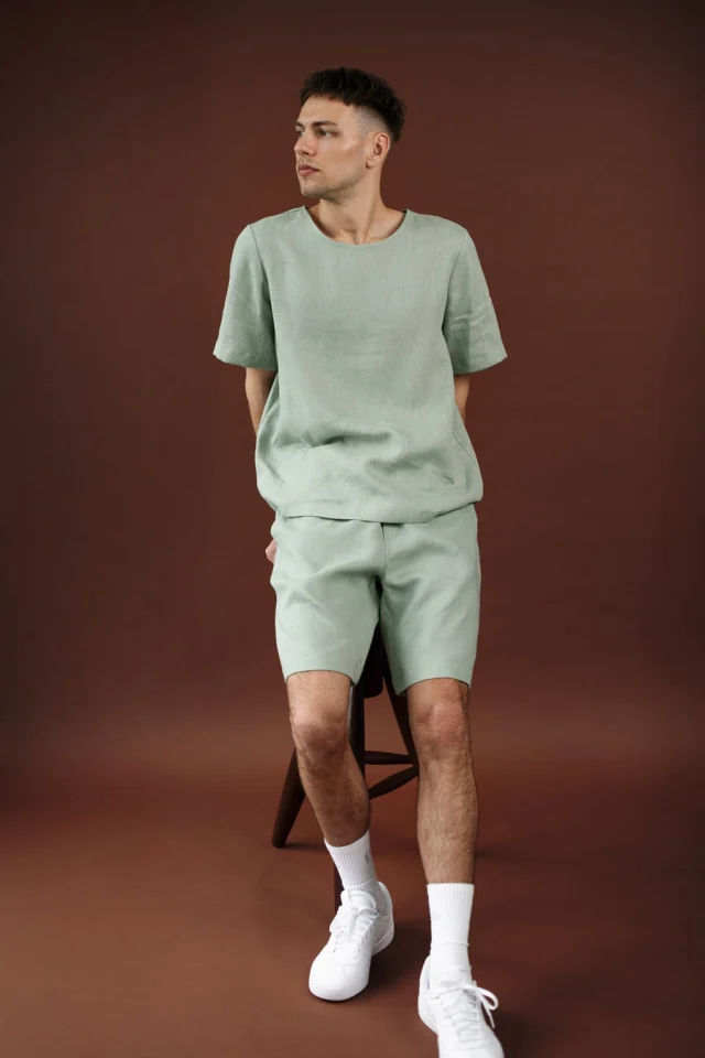 PANAMA-linen-tshirt-and-MIAMI-linen-shorts-for-men-in-sage-green-3