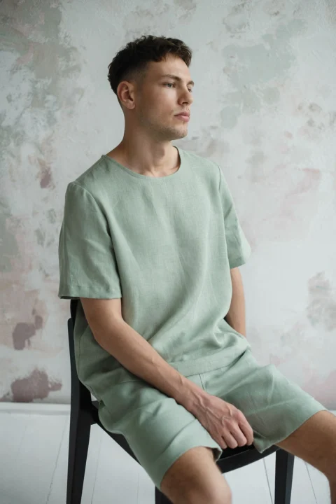 PANAMA-linen-tshirt-and-MIAMI-linen-shorts-for-men-in-sage-green-4