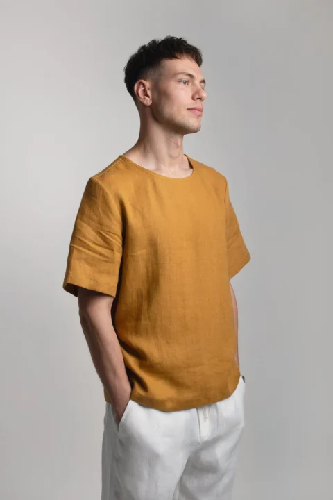 PANAMA-linen-tshirt-for-men-in-mustard-yellow-1