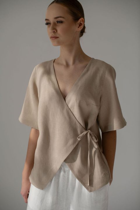 linen wrap top women front view